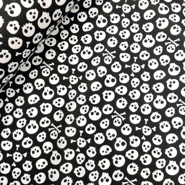 Halloween Polycotton - White Skulls on Black